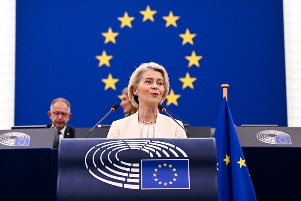 European Commission President Ursula von der Leyen delivers a speech during her annual State of the Union address at a plenary session of the European Parliament in Strasbourg, eastern France on September 16, 2026. (Source: Getty Images)