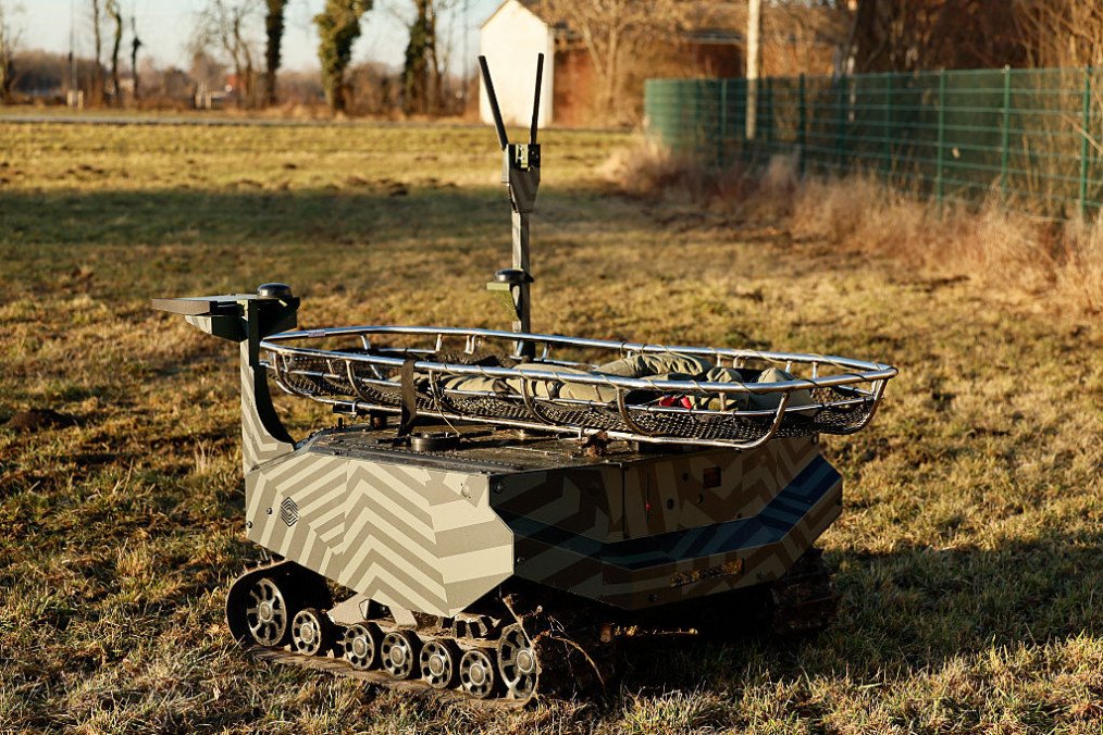 Gereon RCS, a battlefield-proven unmanned ground vehicle (UGV) operates autonomously during a visit by Bavarian state minister Florian Herrmann, during a visit to ARX Robotics on January 15, 2026 in Oberding, Germany. (Source: Getty Images)