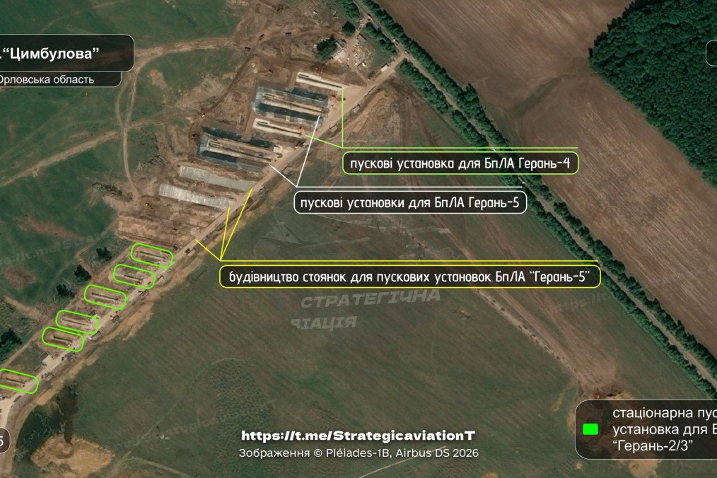 Russia Adds 10 New Launch Sites at Cymbulova Drone Port to Boost Geran-5 Strike UAV Capacity Satellite imagery depicting a series of prepared surface-level launch sites and designated parking areas for military drones along an unpaved road. (Source: Strategic Aviation of the Russian Federation)