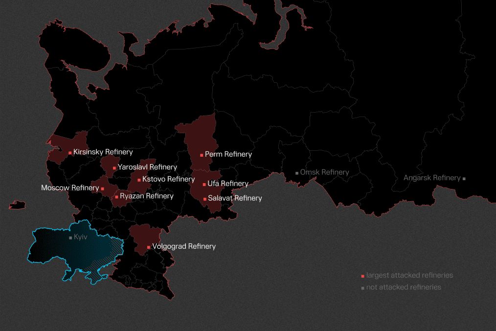 A map illustrates Russian oil refineries hit by Ukraine. (Source: Oleksandr Manulians/UNITED24 Media)