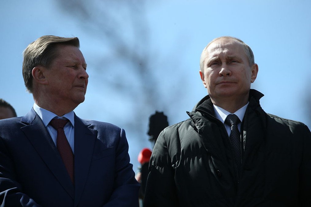 Then-Presidential Administration Chief of Staff Sergei Ivanov (L) and Russian leader Vladimir Putin observe the new Vostochny Cosmodrome on April 27, 2016, near Tsiolkovsky, Russia. (Source: Getty Images)