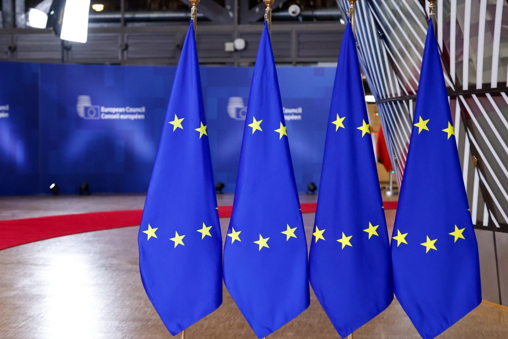 A red carpet and European Union flags in the Europa building ahead of a European Council meeting in Brussels, Belgium, on October 23, 2025. (Source: Getty Images)