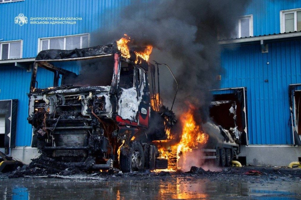 A truck burns outside a Nova Poshta logistics facility in Dnipro following a Russian drone strike on May 31, 2026. (Source: Dnipropetrovsk Regional Military Administration)
