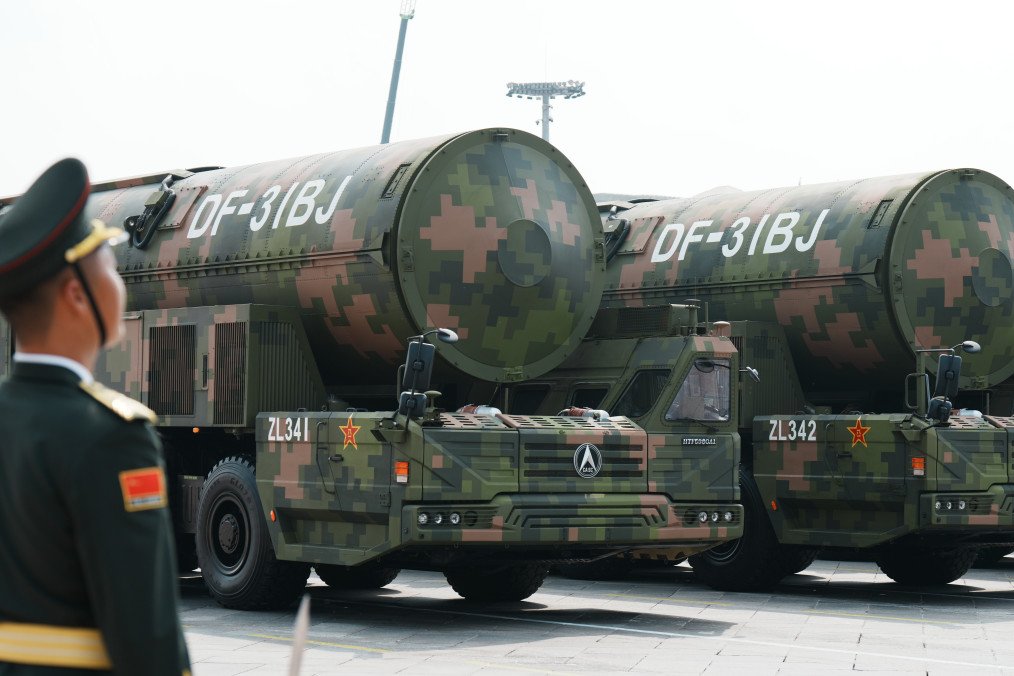 The nuclear missile formation consisting of DF-31BJ land-based intercontinental missiles marches through Tian’anmen Square on September 3, 2025, in Beijing, China. (Source: Getty Images)