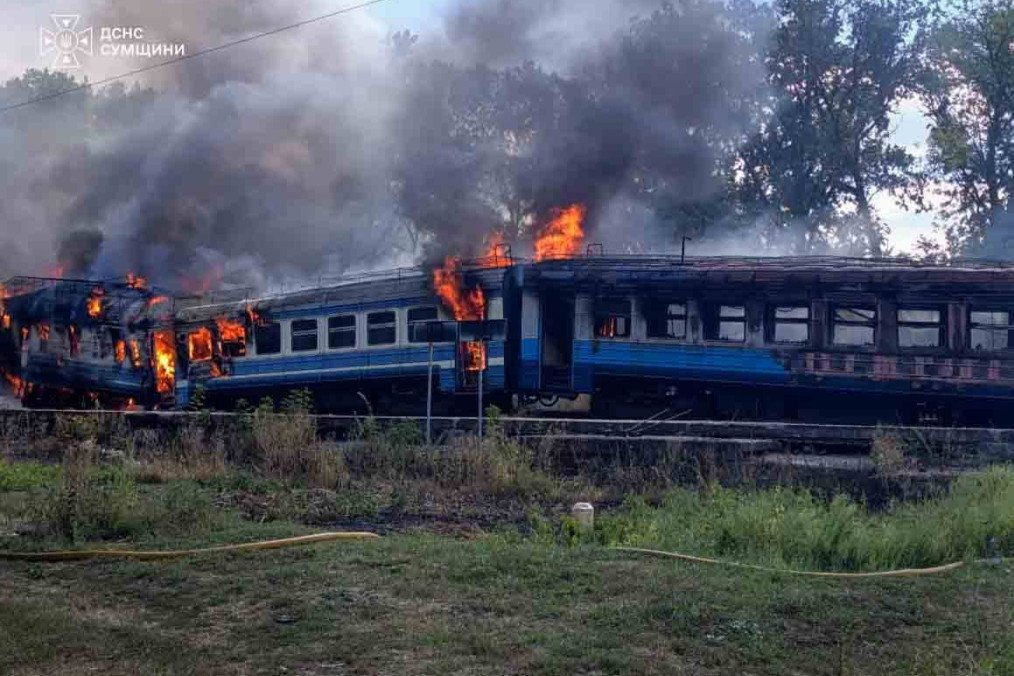 A suburban diesel passenger train burns after a Russian drone attack in Ukraine’s Sumy region on September 8, 2026. At least 10 people were injured in the strike.