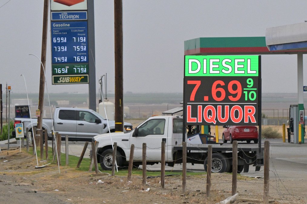 Gas prices, including diesel at $7.69 per gallon, are displayed at a gas station outside Taft, in Kern County, California, on October 21, 2026.