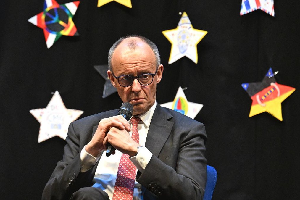 German Federal Chancellor Friedrich Merz takes part in a panel discussion with pupils on European issues during his visit to Carolus-Magnus-Gymnasium. (Source: Getty Images)