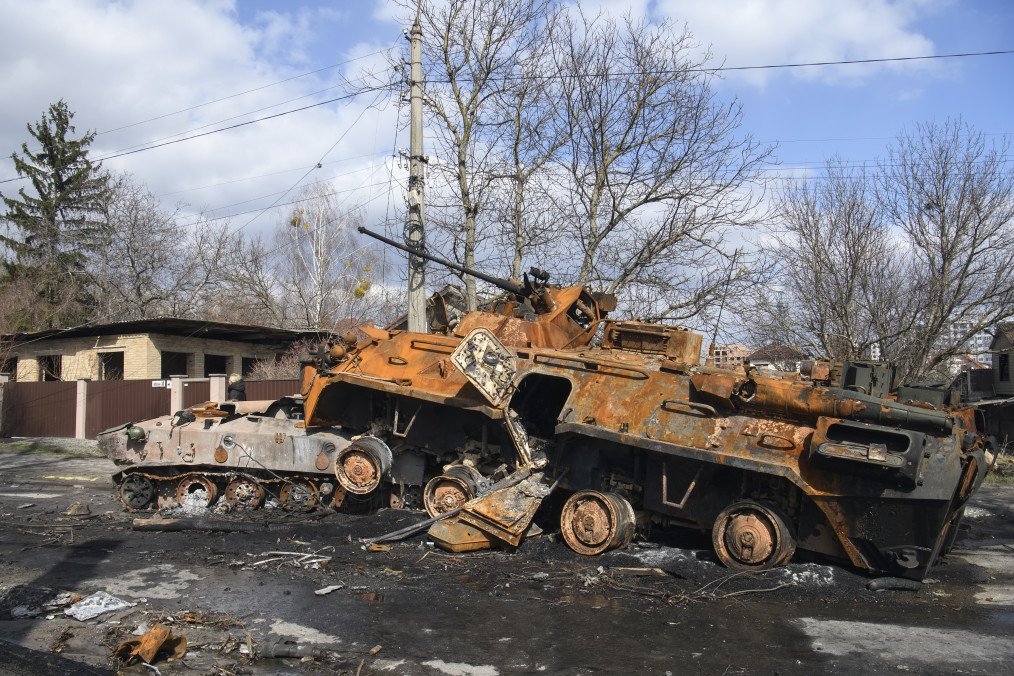 Street with destroyed Russian military machinery in the recaptured by the Ukrainian army Bucha city near Kyiv, Ukraine, 04 April 2022. (Source: Getty Images)