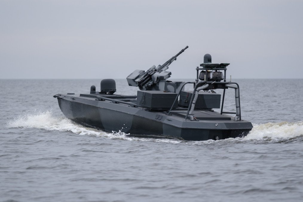 Ukrainian SeaBaby naval drone on display, featuring upgraded engines, navigation systems, and strike capabilities. (Source: Getty Images)