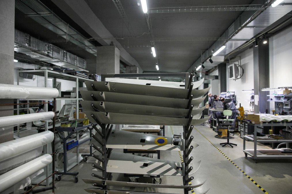A rack of wings for the Raybird-3 reconnaissance drone systems at a manufacturing facility operated by Skyeton. (Source: Getty Images)