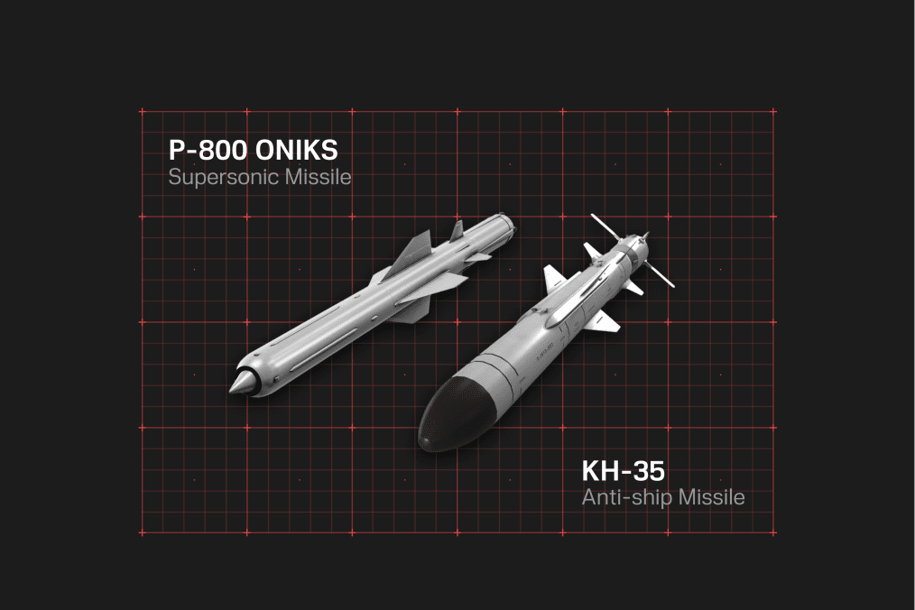 Illustration of Russia’s P-800 Oniks supersonic missile and Kh-35 anti-ship missile, highlighting key strike systems used in coastal defense operations. (Source: UNITED24 Media/Oleksandr Manukians) Illustration of Russia’s P-800 Oniks supersonic missile and Kh-35 anti-ship missile, highlighting key strike systems used in coastal defense operations. (Source: UNITED24 Media/Oleksandr Manukians)