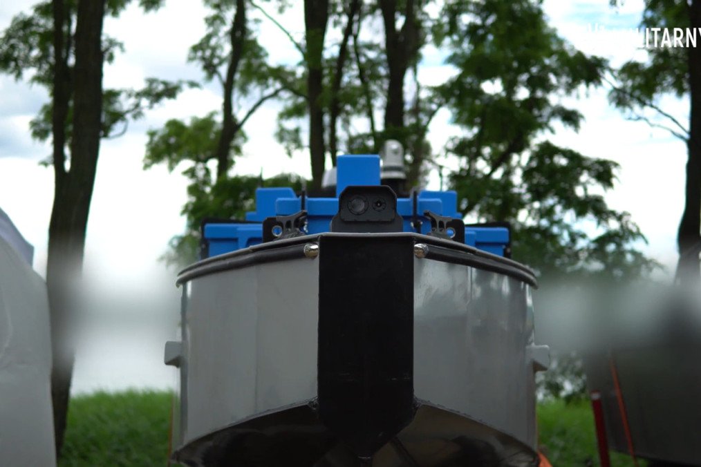 Front view of the Ukrainian MOBIDIK unmanned surface vessel showcased at the DIH Naval Forge 2026 conference. (Source: Militarnyi)