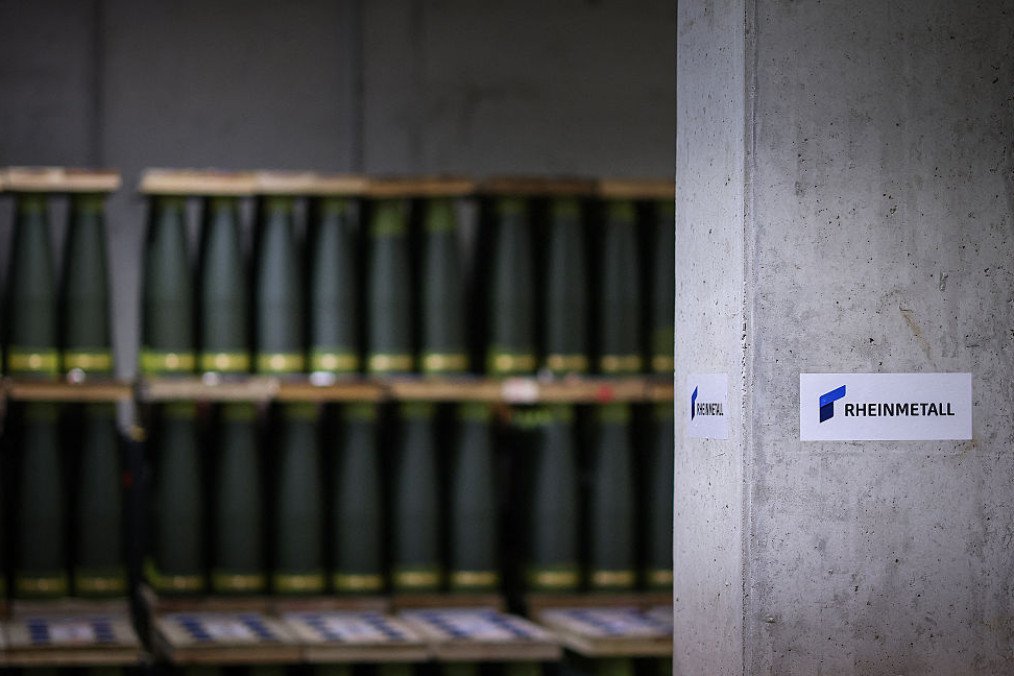 155mm artillery shells are on display during the inauguration of the new munitions plant of German automotive and arms manufactuer Rheinmetall, in Unterluess, northern Germany on August 27, 2025. (Source: Getty Images)