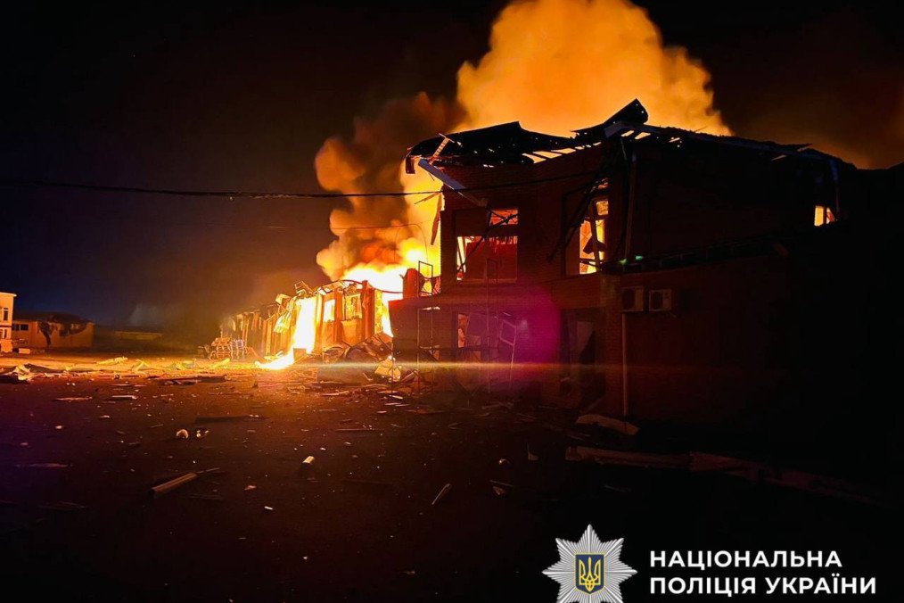 A building burns after being hit during Russia’s overnight missile and drone attack on the Kyiv region on March 14, 2026. (Source: National Police of Ukraine)