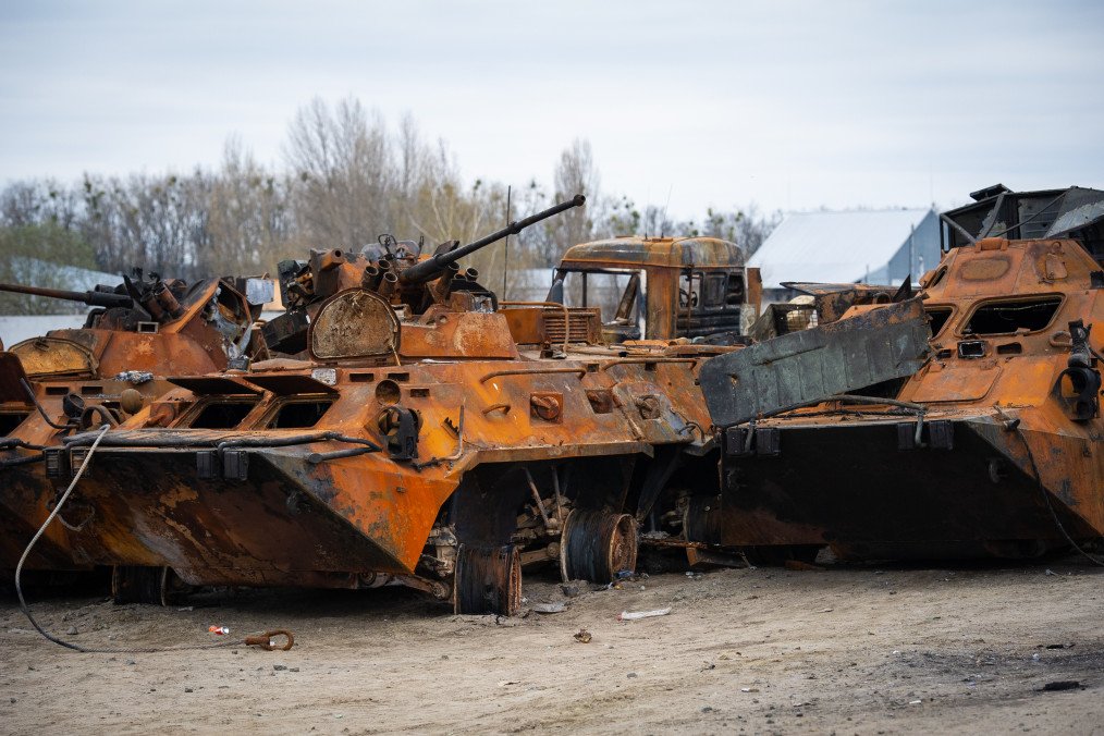 Remnants of a Russian armored column destroyed by Ukrainian forces piled up in Bucha, Ukraine, on April 20, 2022. (Source: Getty Images)