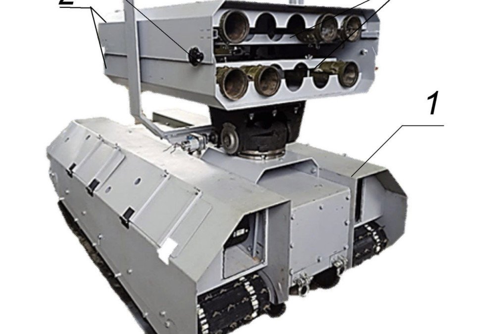 Prototype of the “mini-Solntsepyok” ground robot with mounted rocket launchers on top of a tracked platform. (Source: BTVT.INFO)