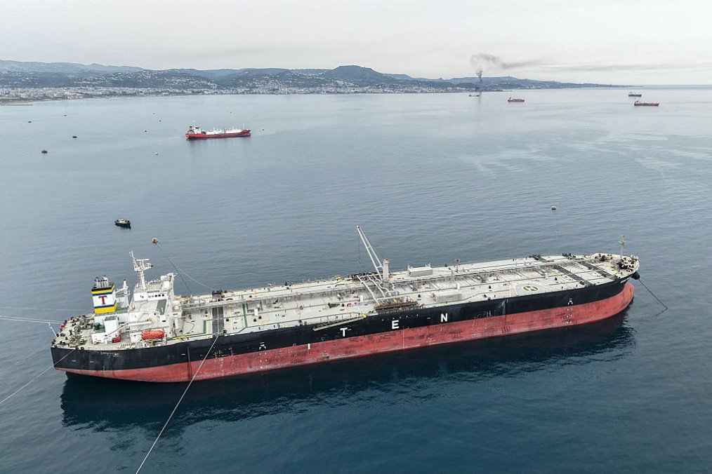 An aerial photograph shows the Greek-flagged crude oil tanker “Asahi Princess” off the coast of the Syrian Baniyas port refinery, along the Mediterranean Sea on on April 15, 2026. (Source: Getty Images)