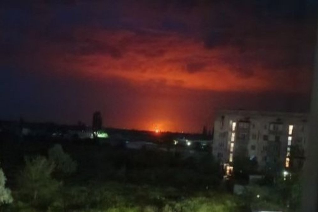 Fire burns near a gas pipeline in Crimea’s Kurman district following an overnight drone attack. (Source: Exilenova+)