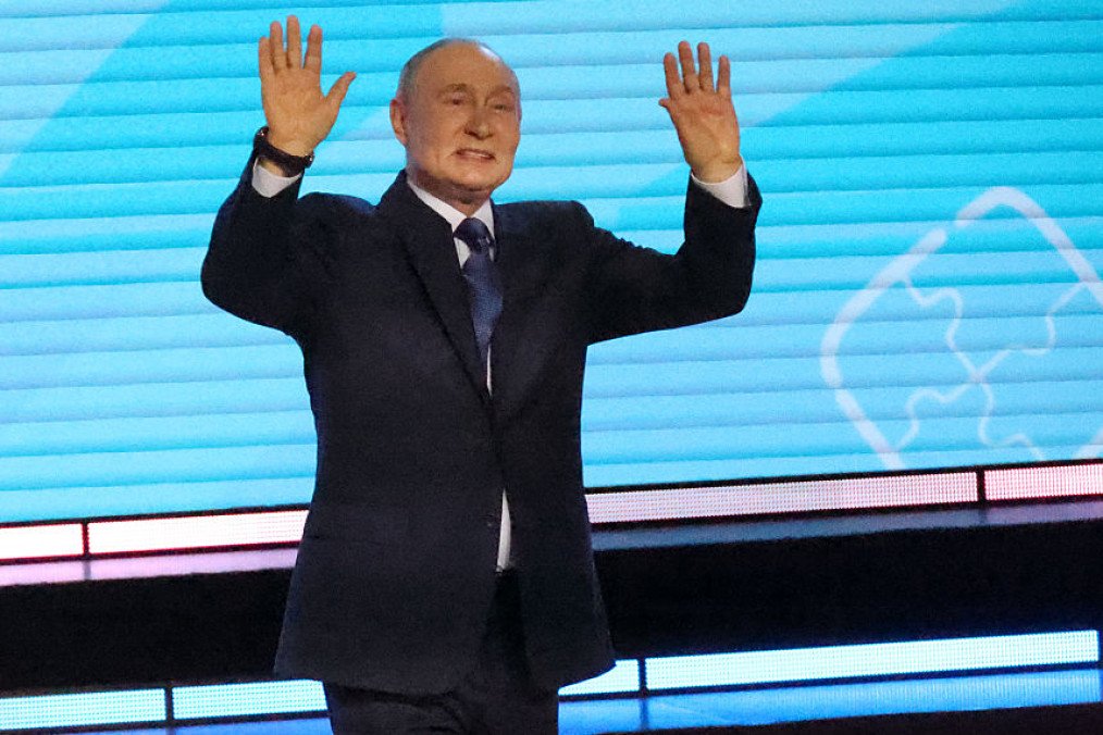 Russian leader Vladimir Putin gestures as he speaks during his meeting with children, on August 3, 2026 in Krasnoyarsk, Russia. (Source: Getty Images)