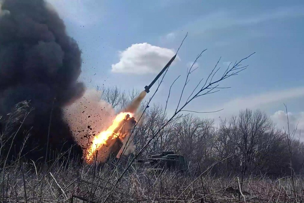 Russian Uragan MLRS launch missile attacks towards Ukrainian positions, Russia on March 29, 2024.