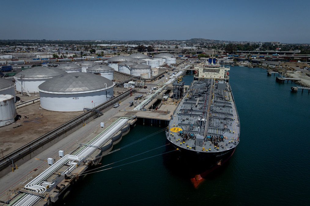 The Clearocean Mesquite chemical/oil products tanker docked at the Port of Long Beach on April 29, 2026 in Long Beach, California, US. (Source: Getty Images)