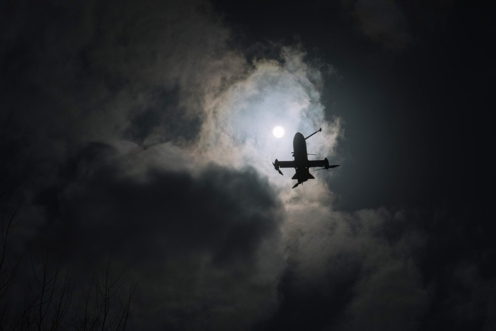 A P1-Sun interceptor drone flies during trials by its manufacturer SkyFall at an undisclosed location in Ukraine, on Tuesday, March 17, 2026.