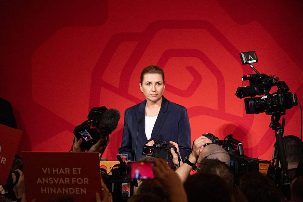Chairwoman of the Social Democratic Party and Denmark’s Prime Minister, Mette Frederiksen, speaks during an event for the general election at the Danish Parliament in Copenhagen, Denmark, on March 25, 2026. (Source: Getty Images)