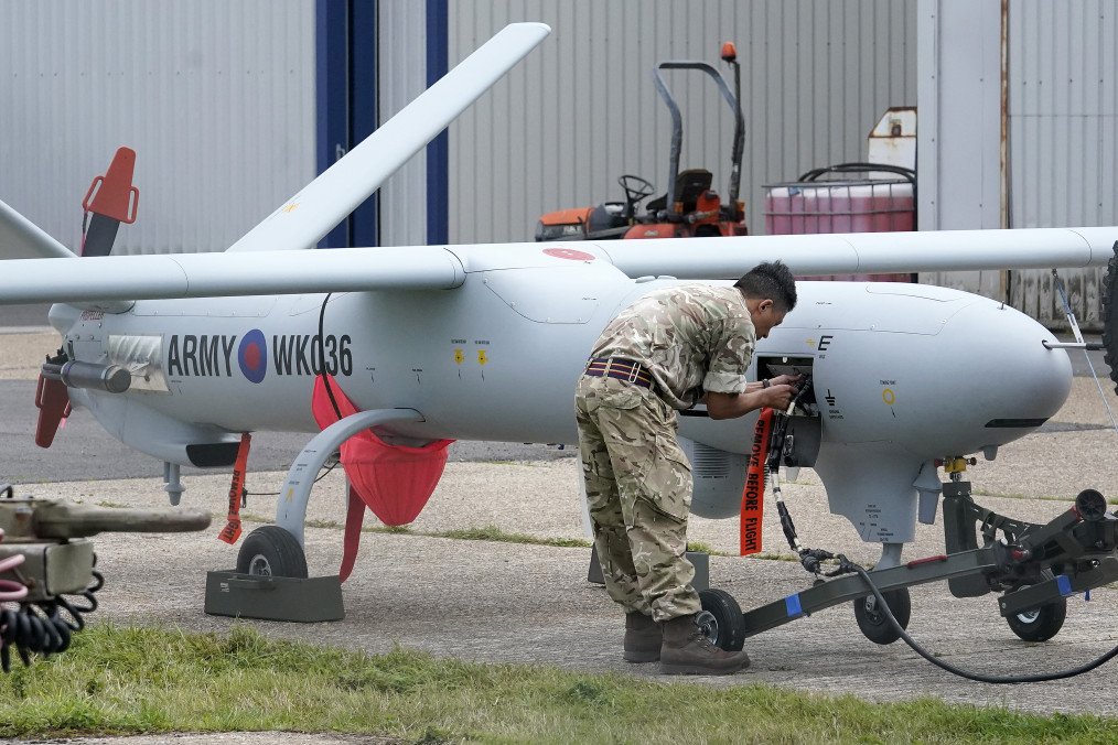 A British Army Watchkeeper drone on the apron at Lydd Airport following a surveillance flight over the English Channel, used to support maritime border monitoring operations. (Photo: Getty Images) A British Army Watchkeeper drone on the apron at Lydd Airport following a surveillance flight over the English Channel, used to support maritime border monitoring operations. (Photo: Getty Images)