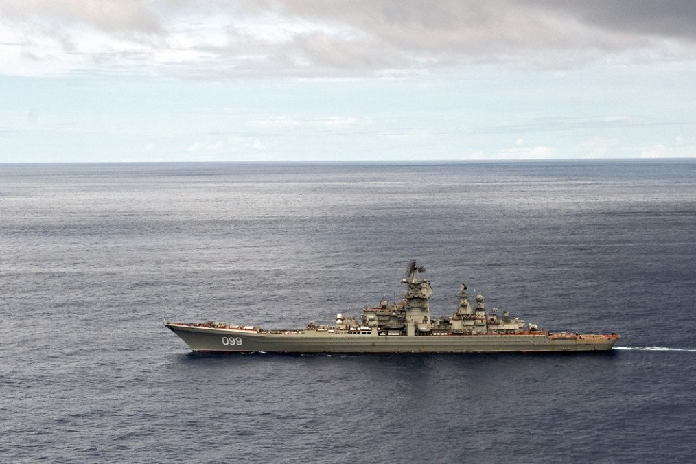 The Pyotr Veliky nuclear-powered battlecruiser at sea.