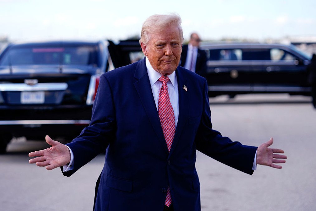 US President Donald Trump speaks to the media after departing Air Force One at Miami International Airport on March 27, 2026 in Miami, Florida. (Source: Getty Images)