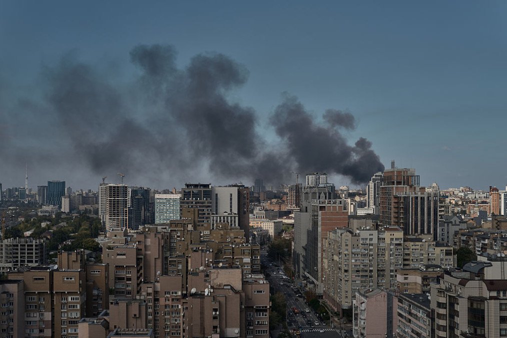 Emergency services work at the scene after a Russian drone struck a building of the National Academy of Sciences of Ukraine in the central Shevchenkivskyi district, causing a fire on September 28, 2026 in Kyiv, Ukraine. (Source: Getty Images)