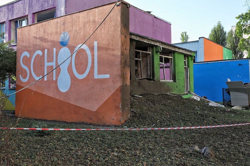 An educational facility stands with windows blown out following a Russian strike on September 17, 2026 in Kyiv, Ukraine. (Source: Getty Images)