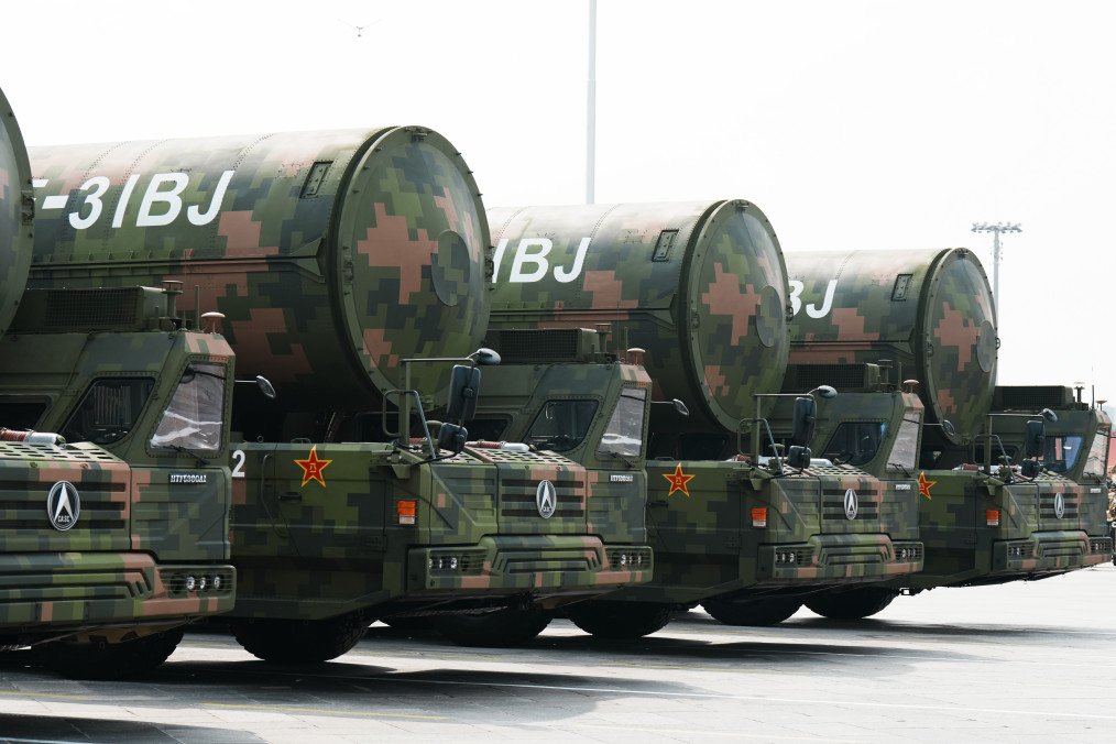 DF-31BJ land-based intercontinental ballistic missiles roll through Tiananmen Square during a military parade marking the 80th anniversary of the end of World War II in Beijing, China, on Sept. 3, 2025. (Source: Getty Images)