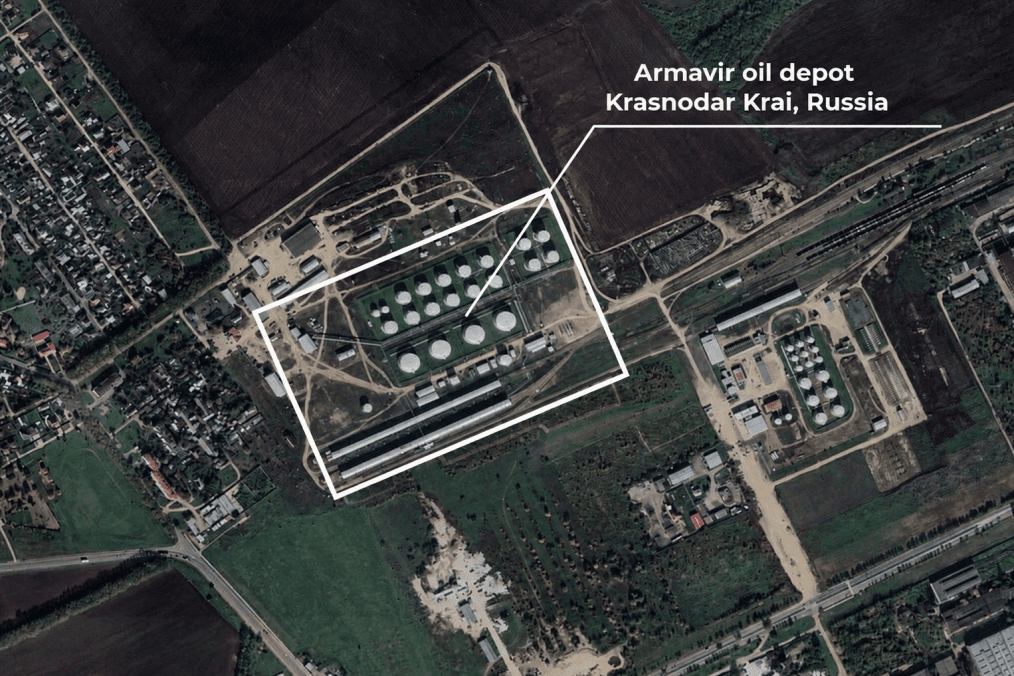 Satellite image of the Armavir oil depot in Russia’s Krasnodar region, identified by Ukrainian officials as the target of a long-range strike. (Source: Zelenskyy / Official)