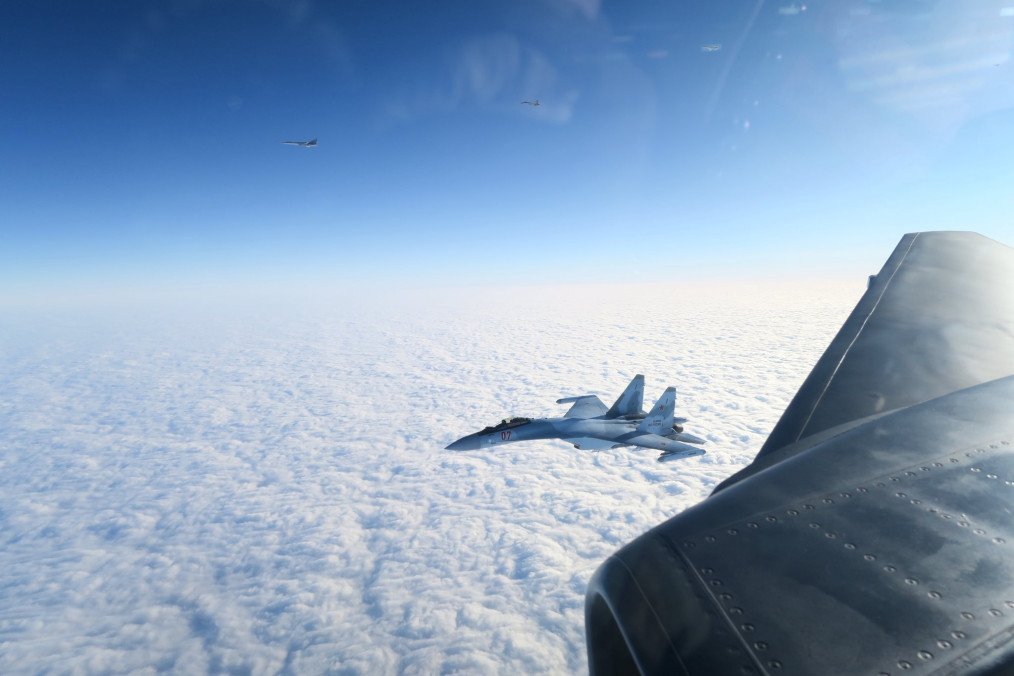 Russian Su-35S fighter jets with a Tu-22M3 long-range bomber being escorted by Swedish airplanes, January 23, 2026. (Source: Swedish Air Force)