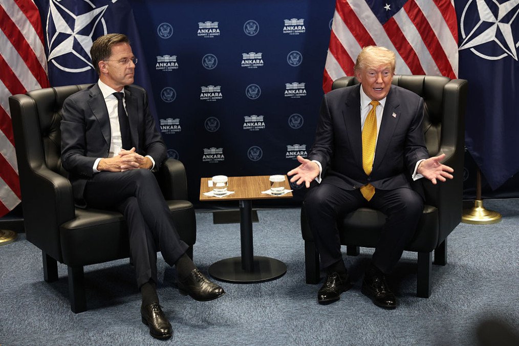 US President Donald Trump (R) meets with NATO Secretary General Mark Rutte for bilateral talks at Beştepe Presidential Compound during the NATO Summit on July 08, 2026 in Ankara, Türkiye. (Source: Getty Images)