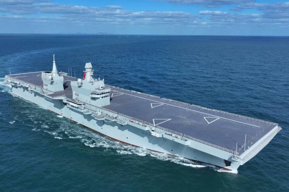 China’s Type 076 Sichuan, a hybrid drone carrier and amphibious assault ship, seen during early trials. (Source: MND) China’s Type 076 Sichuan, a hybrid drone carrier and amphibious assault ship, seen during early trials. (Source: MND)