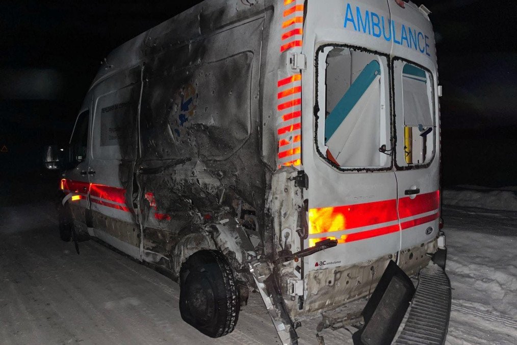 A Ukrainian ambulance damaged after being targeted by Russian forces in the Chernihiv region on January 11, 2025. (Source: Viacheslav Chaus)