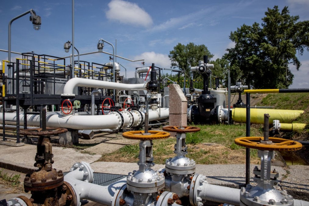 A stone commemorates the Druzhba 2 crude oil pipeline in the Duna oil refinery on May 24, 2022 in Szazhalombatta, Hungary. (Source: Getty Images)