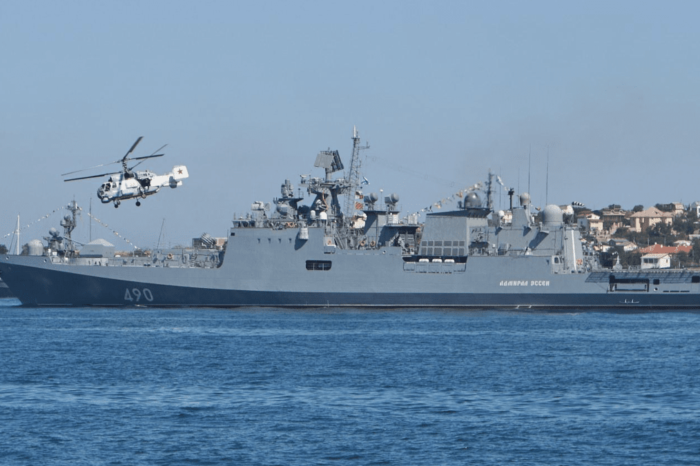 Russian Black Sea Fleet frigate Admiral Essen underway near the coast.