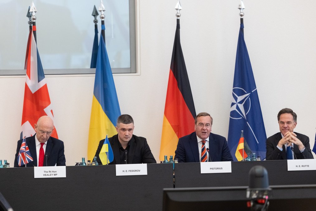 UK Defense Secretary John Healey, Ukrainian Defense Minister Mykhailo Fedorov, German Defense Minister Boris Pistorius, and NATO Secretary General Mark Rutte at the Ramstein meeting. (Source: Ukrainian Ministry of Defense)