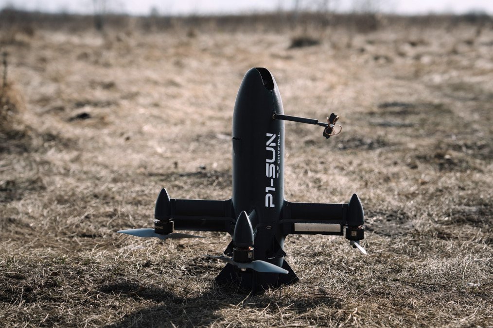 A Ukrainian-made SkyFall P1-Sun interceptor drone during testing at an undisclosed location in Ukraine. (Source: Getty Images)