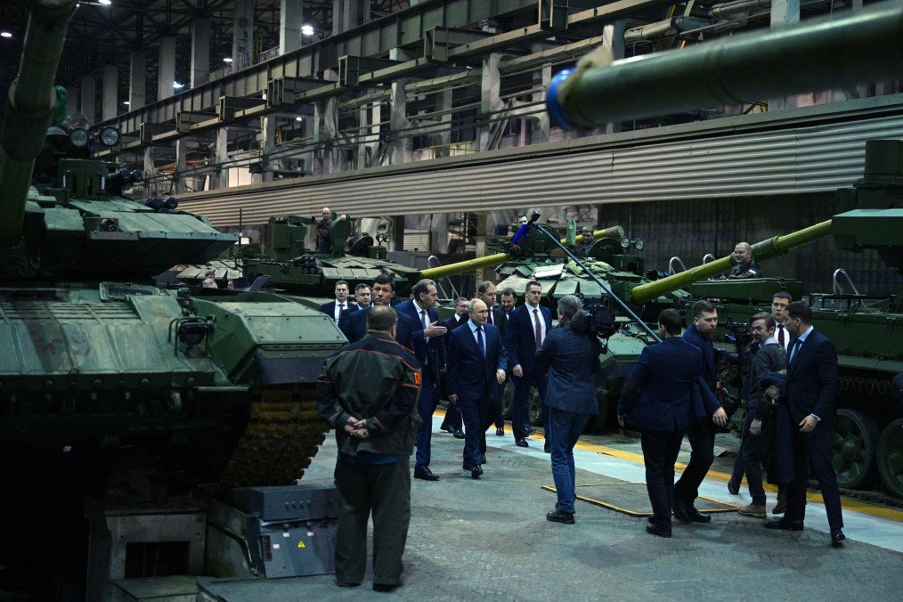 Russian leader Vladimir Putin visits Uralvagonzavod, the country’s main tank factory in the Urals, in Nizhny Tagil on February 15, 2024. (Source: Getty Images)