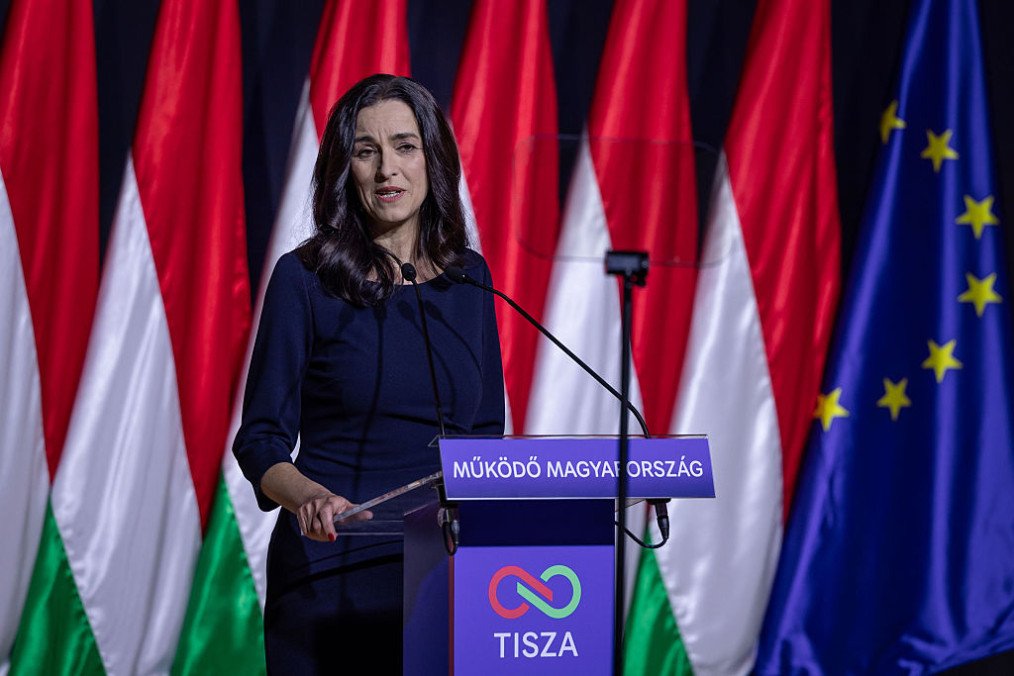 Dr. Anita Orbán speaks before Péter Magyar, Hungarian Prime Minister, delivers an annual state of the nation speech, on February 15, 2026 in Budapest, Hungary. (Source: Getty Images)