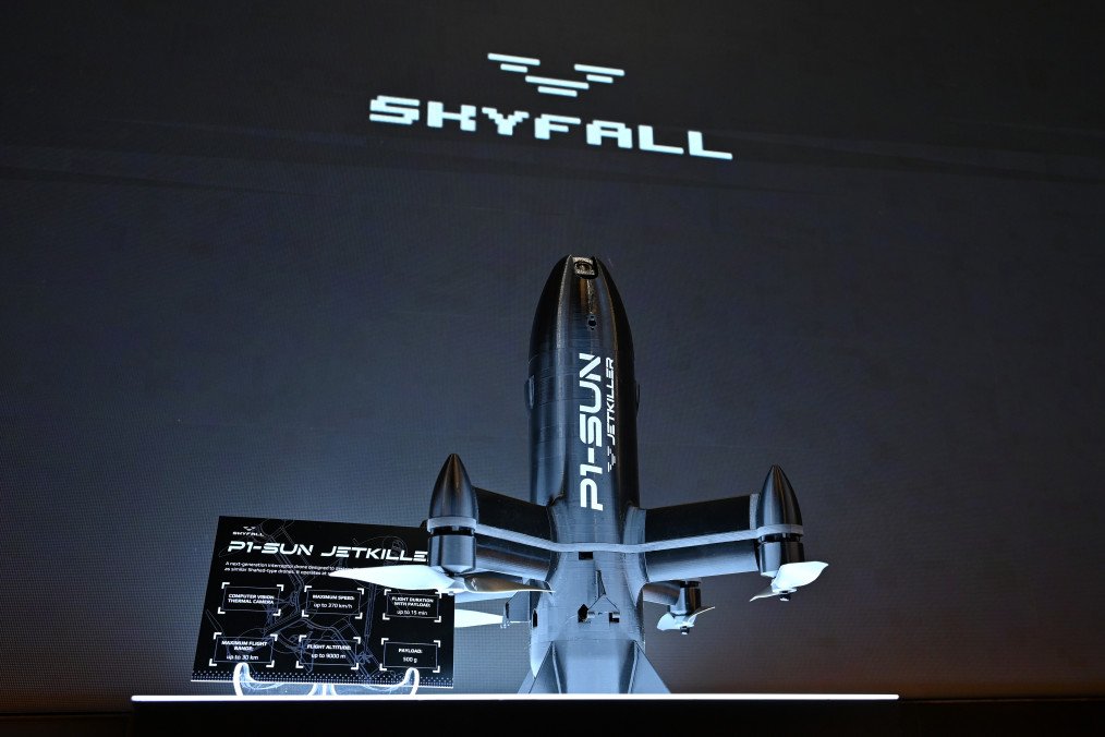 Ukrainian-made SkyFall P1-SUN JetKiller interceptor drone on display at DroneX Expo 2026 in London, September 29, 2026. (Source: Getty Images)