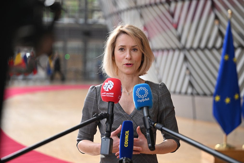EU High Representative for Foreign Affairs and Security Policy Kaja Kallas speaks to press ahead of European Union (EU) Foreign Affairs Council (Development) meeting in Brussels, Belgium on May 18, 2026. (Source: Getty Images)