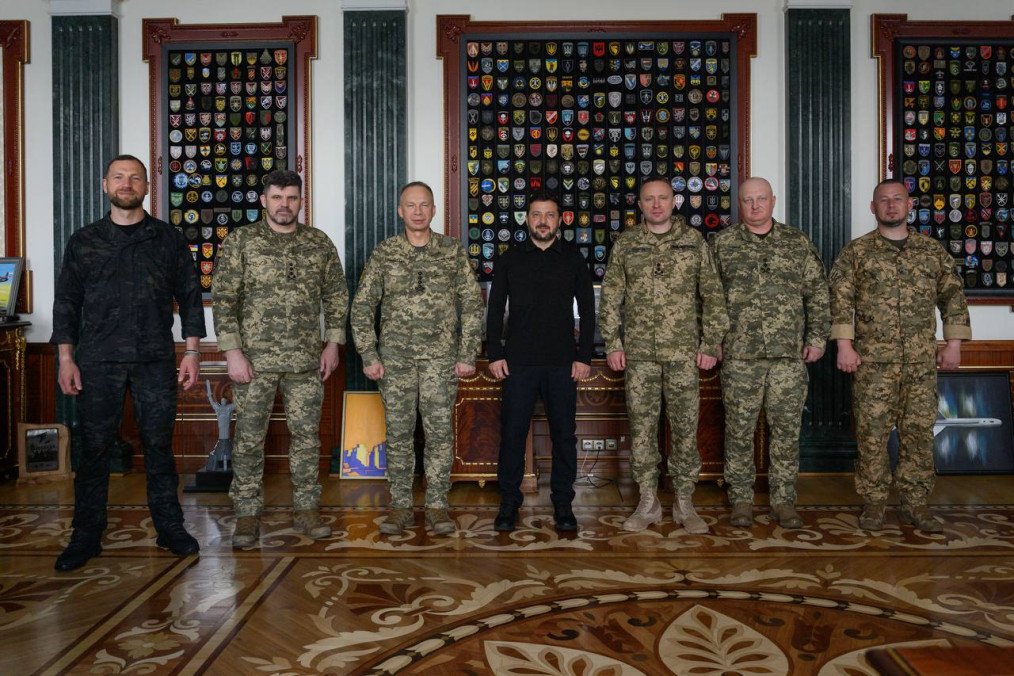 Volodymyr Zelenskyy stands with defense officials and commanders following a major restructuring of Ukraine’s military leadership. (Source: Volodymyr Zelenskyy)