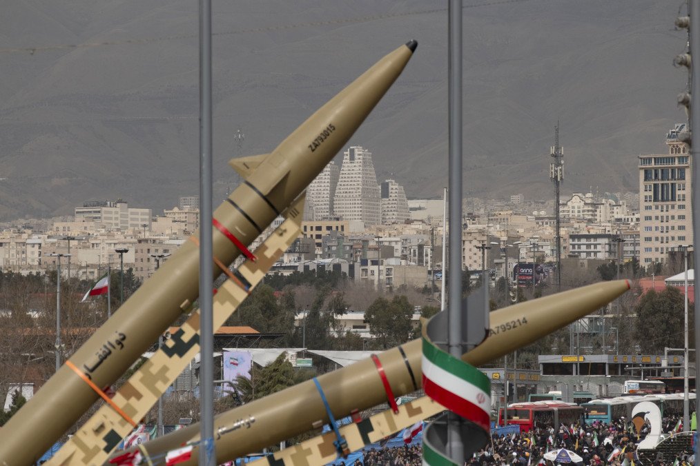 Two Iranian ballistic missiles, Zolfaghar (top) and Zolfaghar Basir, are displayed in Azadi (Freedom) Square in western Tehran, Iran, on February 11, 2026. (Source: Getty Images)