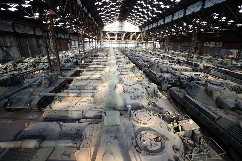 German-made Leopard 1 tanks, which were removed from the Belgian army’s inventory years ago and sold to a defense industry company, are seen at a warehouse in Tournai, Belgium, on February 02, 2023.