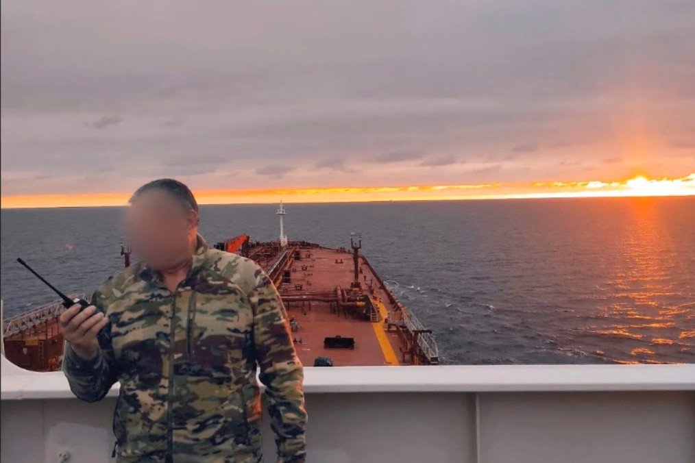 One of the mercenaries identified by Helsingin Sanomat, Viktor A. The image was not necessarily taken aboard a shadow fleet vessel. Faces were blurred by the outlet’s editors. (Source: Helsingin Sanomat)